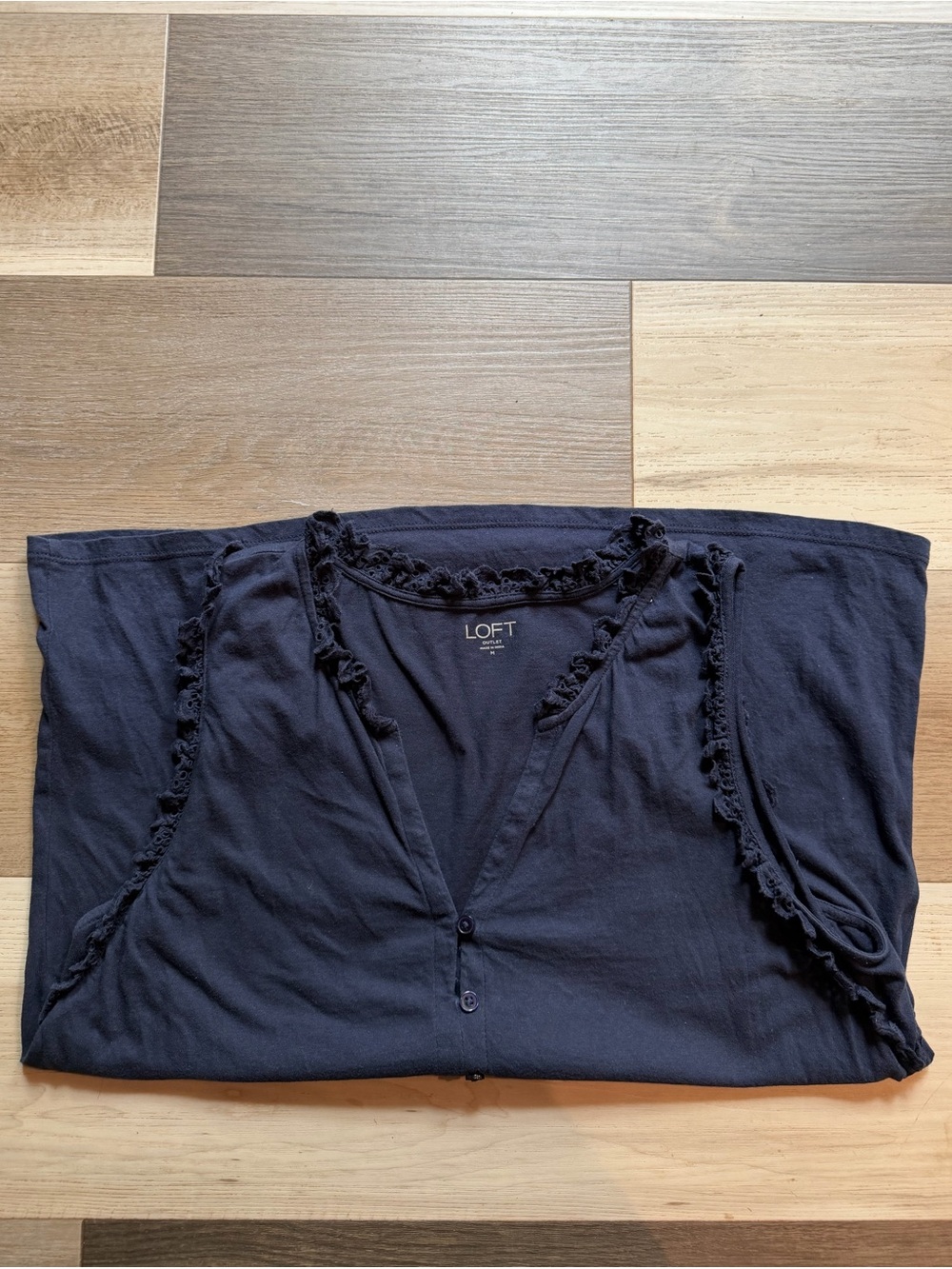 LOFT Dark Navy Ruffle-Trim Button Front Top